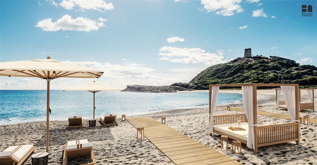 Hotelová pláž, Chia, Sardinie