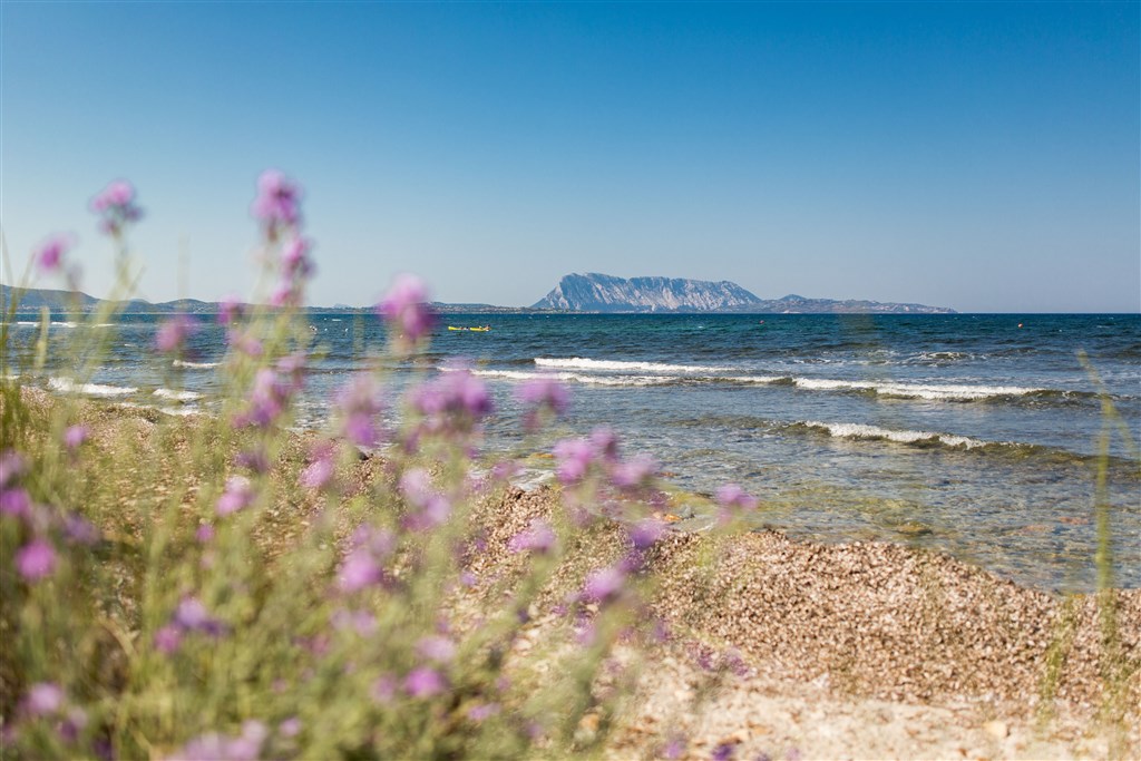 Výhled za pláže na ostrov Tavolara, San Teodoro, Sardinie, Itálie